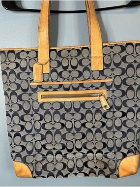 Coach Blue Signature Canvas Tote with Tan Leather Trim